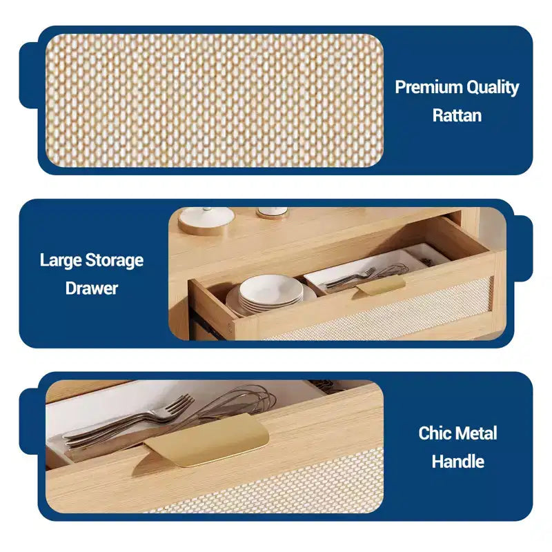 Mobile Credenza in Rattan Rovere Scuro/Rovere Chiaro con Cassetto e Ripiano Regolabile – 2 Ante, Montaggio 1 Persona