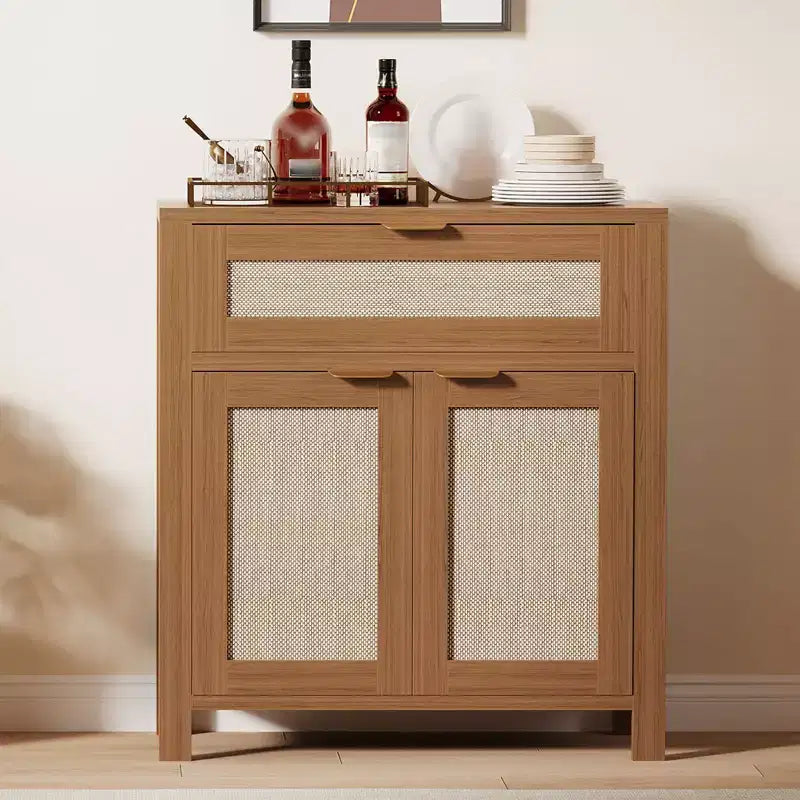 Mobile Credenza in Rattan Rovere Scuro/Rovere Chiaro con Cassetto e Ripiano Regolabile – 2 Ante, Montaggio 1 Persona