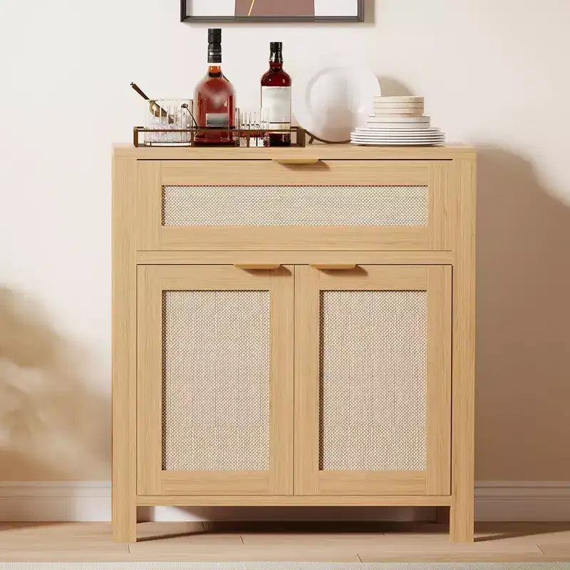 Mobile Credenza in Rattan Rovere Scuro/Rovere Chiaro con Cassetto e Ripiano Regolabile – 2 Ante, Montaggio 1 Persona