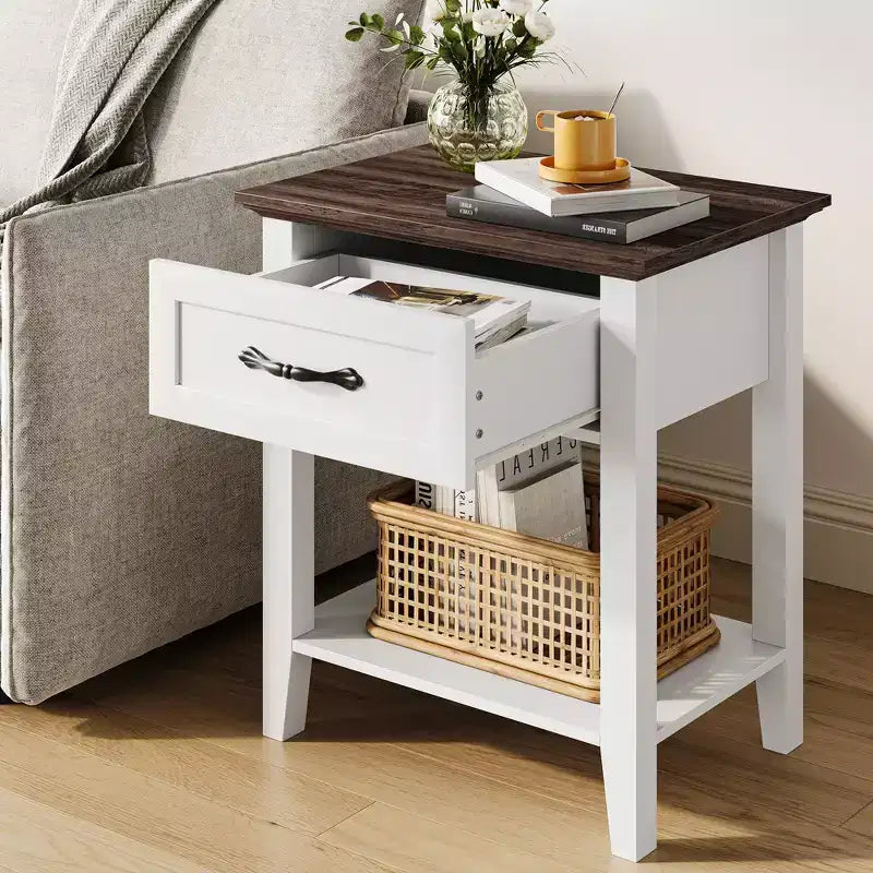 Comodino Grigio/Bianco a 1 cassetto con ripiano aperto, singolo