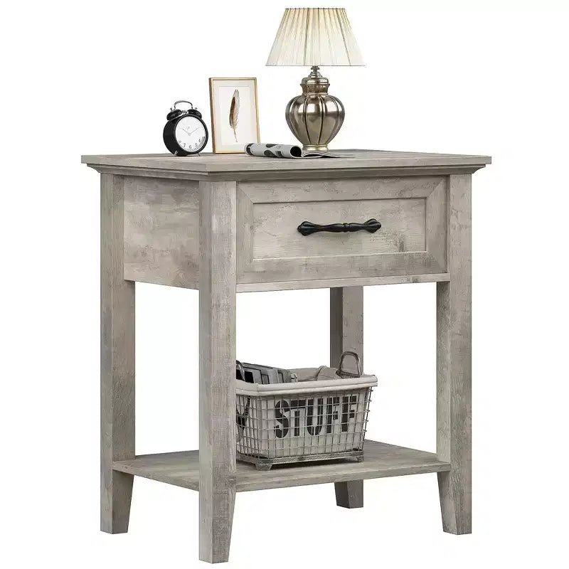 Comodino Grigio/Bianco a 1 cassetto con ripiano aperto, singolo