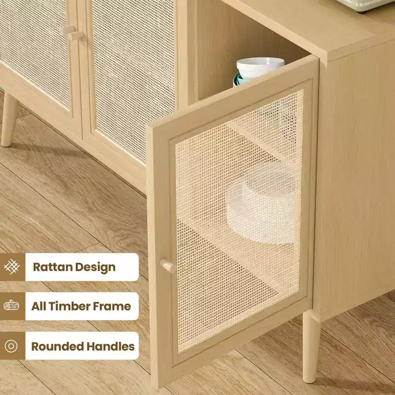 Madia/credenza in rattan naturale con 3 ante in vimini, ripiani regolabili – Montaggio in 1 persona