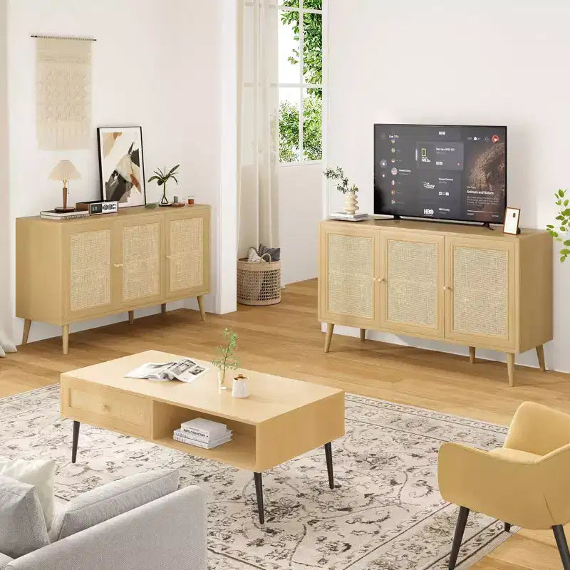 Madia/credenza in rattan naturale con 3 ante in vimini, ripiani regolabili – Montaggio in 1 persona