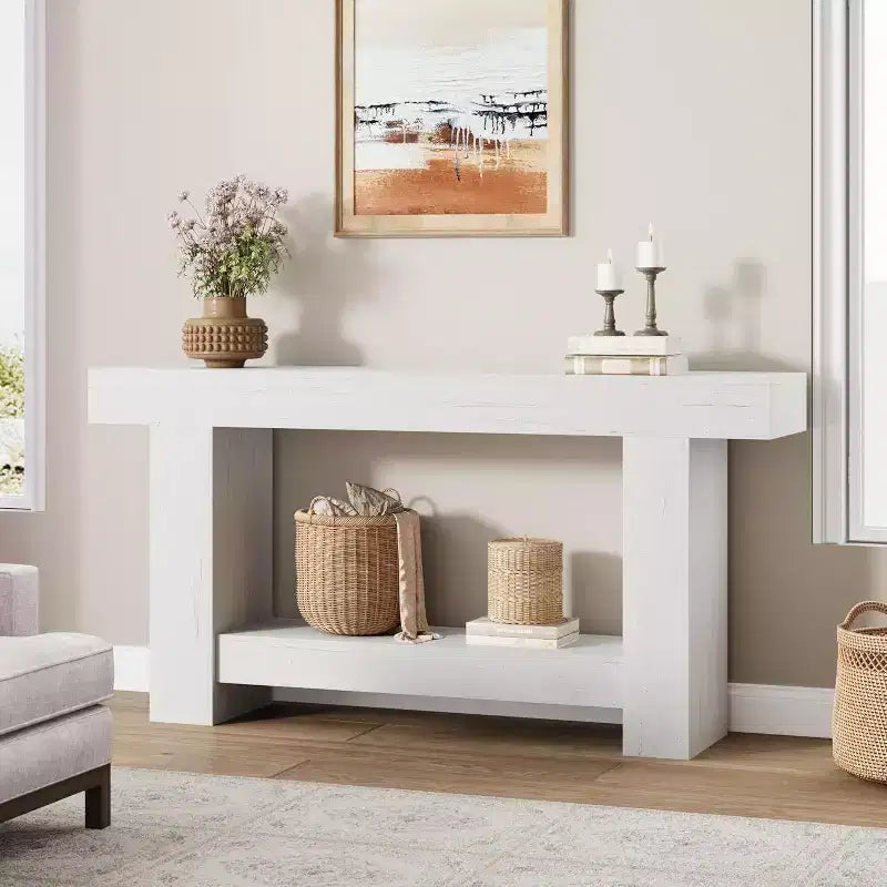 Consolle a doppio strato con contenitore, grigio / bianco antico / motivo fiamma / colore legno, 119 cm e 160 cm, per 1