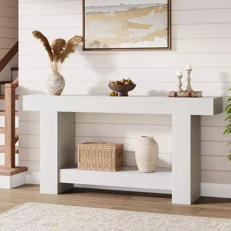 Consolle a doppio strato con contenitore, grigio / bianco antico / motivo fiamma / colore legno, 119 cm e 160 cm, per 1
