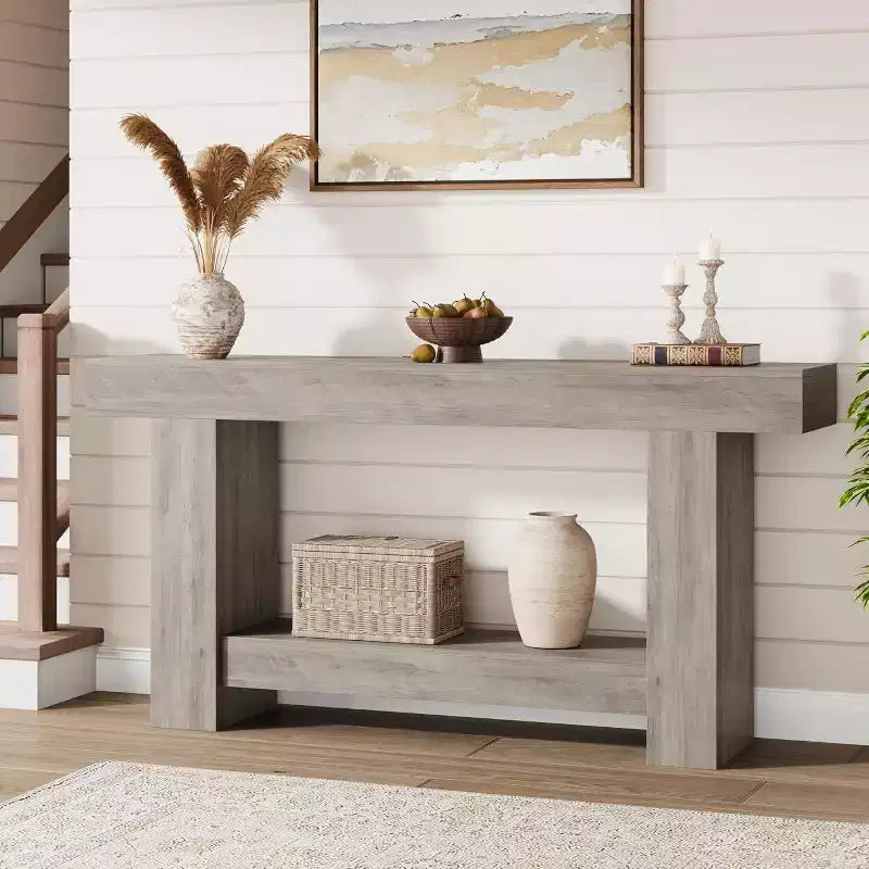 Consolle a doppio strato con contenitore, grigio / bianco antico / motivo fiamma / colore legno, 119 cm e 160 cm, per 1