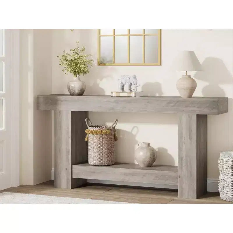 Consolle a doppio strato con contenitore, grigio / bianco antico / motivo fiamma / colore legno, 119 cm e 160 cm, per 1