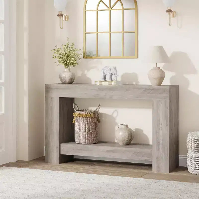 Consolle a doppio strato con contenitore, grigio / bianco antico / motivo fiamma / colore legno, 119 cm e 160 cm, per 1