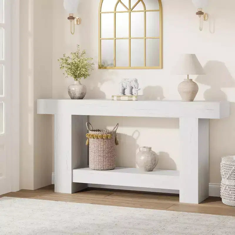 Consolle a doppio strato con contenitore, grigio / bianco antico / motivo fiamma / colore legno, 119 cm e 160 cm, per 1
