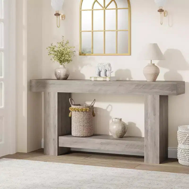 Consolle a doppio strato con contenitore, grigio / bianco antico / motivo fiamma / colore legno, 119 cm e 160 cm, per 1
