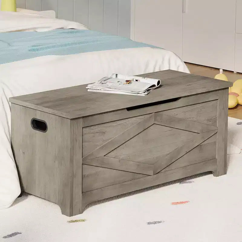 Bianco / Grigio sbiancato / Vintage / Motivo a doppia X – Panchina Contenitore Stile Rustico con Coperchio, Posto per 1 Persona