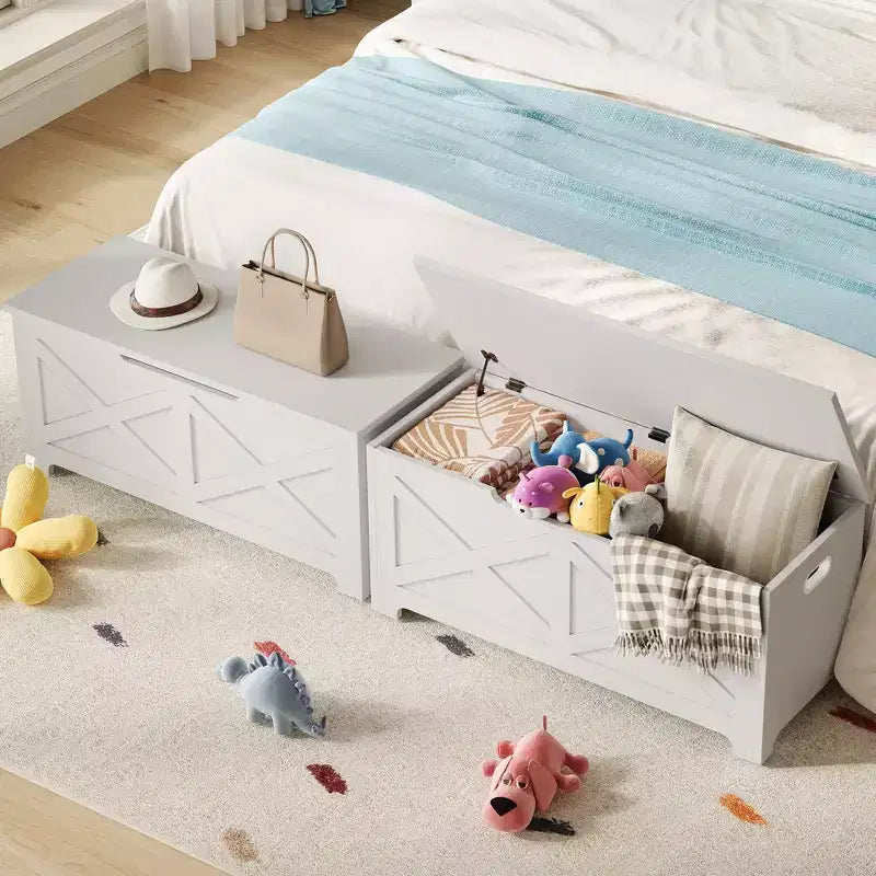 Bianco / Grigio sbiancato / Vintage / Motivo a doppia X – Panchina Contenitore Stile Rustico con Coperchio, Posto per 1 Persona