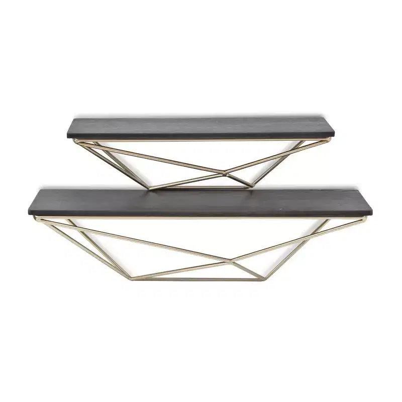 HomeRoots Set Of Two Black And Gold Wood And Metal Modern Wall Mounted Accent Shelves