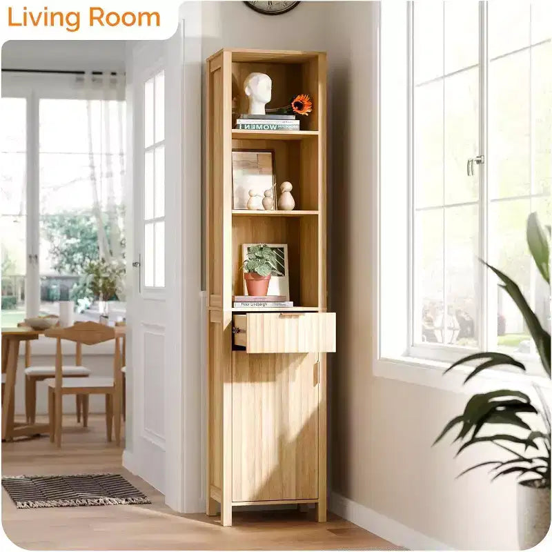 Mobiletto basso scanalato in rovere naturale, 1 anta 1 cassetto, da appoggio