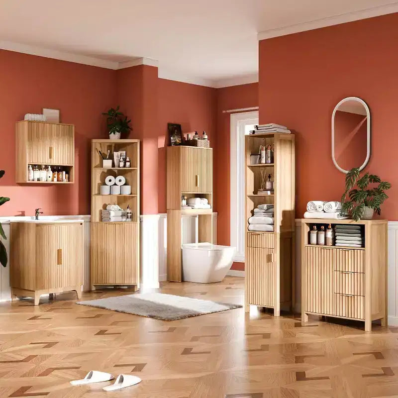 Mobiletto basso scanalato in rovere naturale, 1 anta 1 cassetto, da appoggio