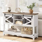 Farmhouse Entryway Table with Storage, White Console Table with Sliding Barn Doors, Wooden Sofa Table with Cabinet for Entryway & Living Room