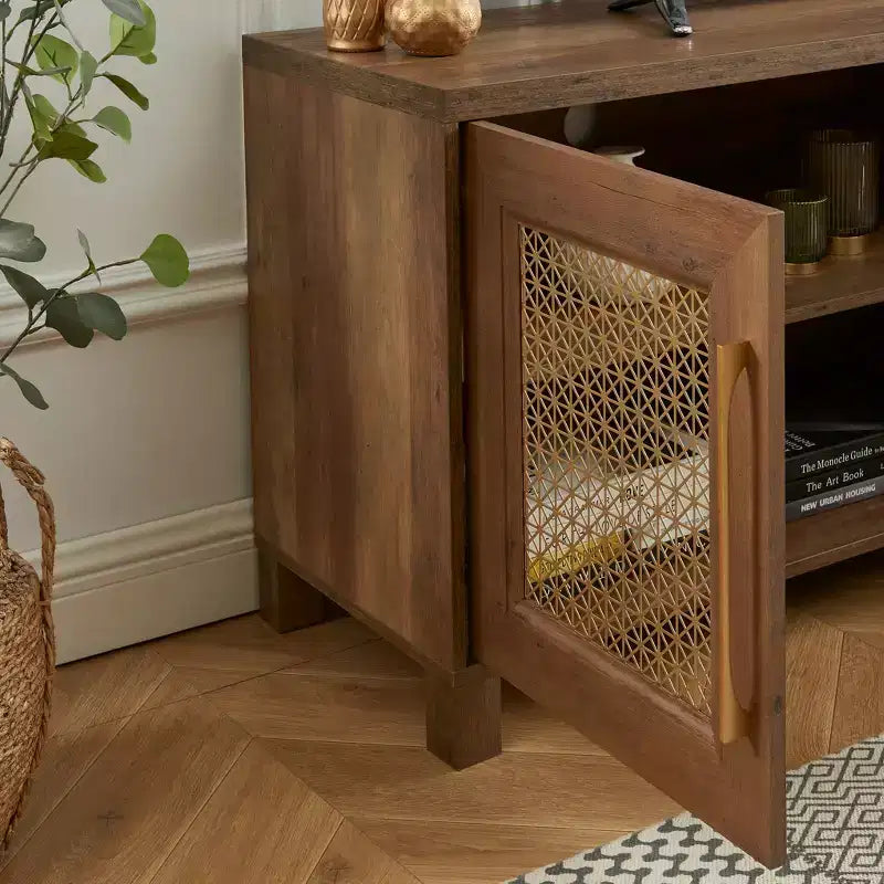 Mobile TV con anta in rattan nero/rovere rustico/bianco per TV fino a 78"