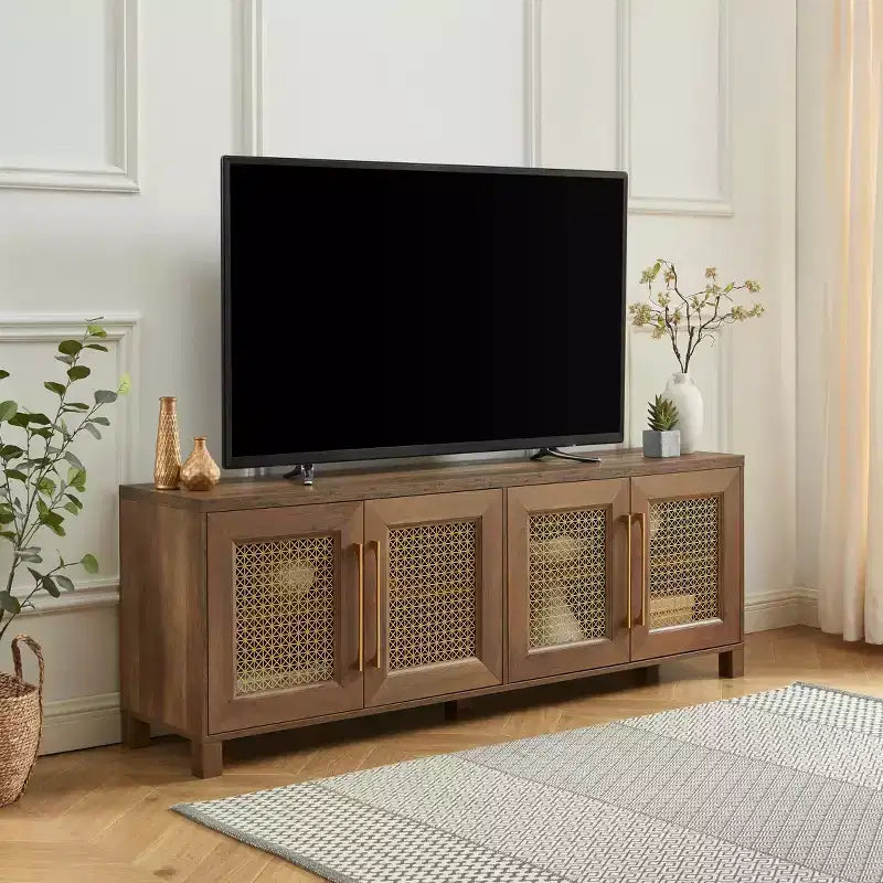 Mobile TV con anta in rattan nero/rovere rustico/bianco per TV fino a 78"