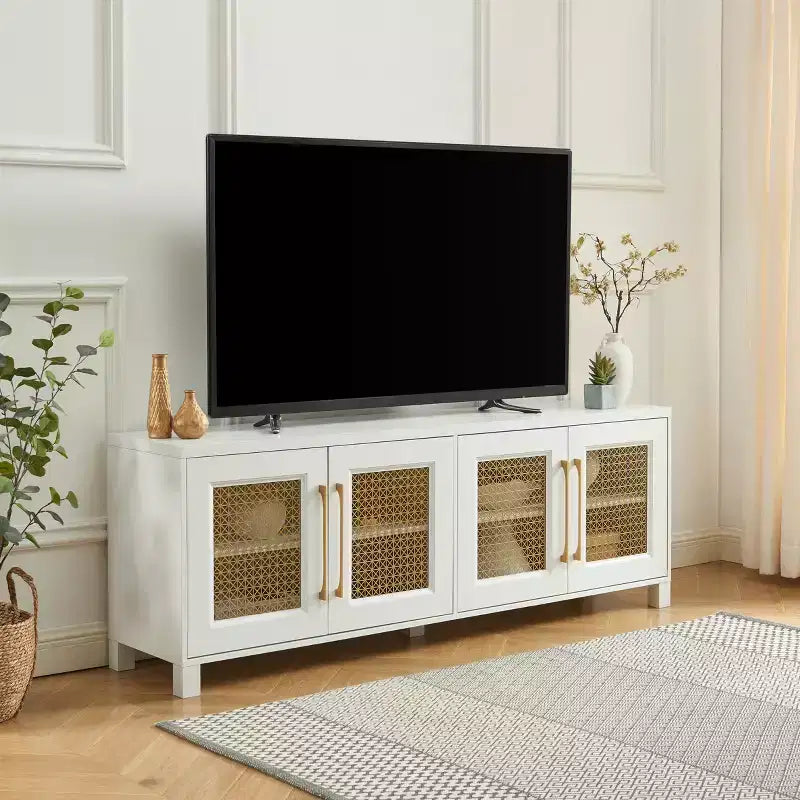 Mobile TV con anta in rattan nero/rovere rustico/bianco per TV fino a 78"
