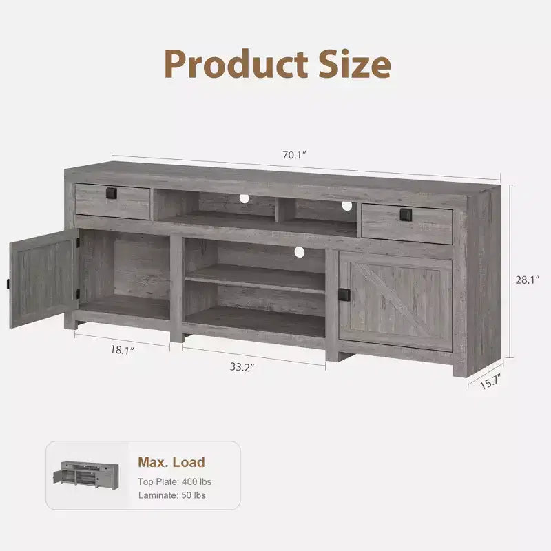 Mobile TV rustico da 178 cm con cassetti e ripiano aperto, grigio/bianco, montaggio per 1-2 persone