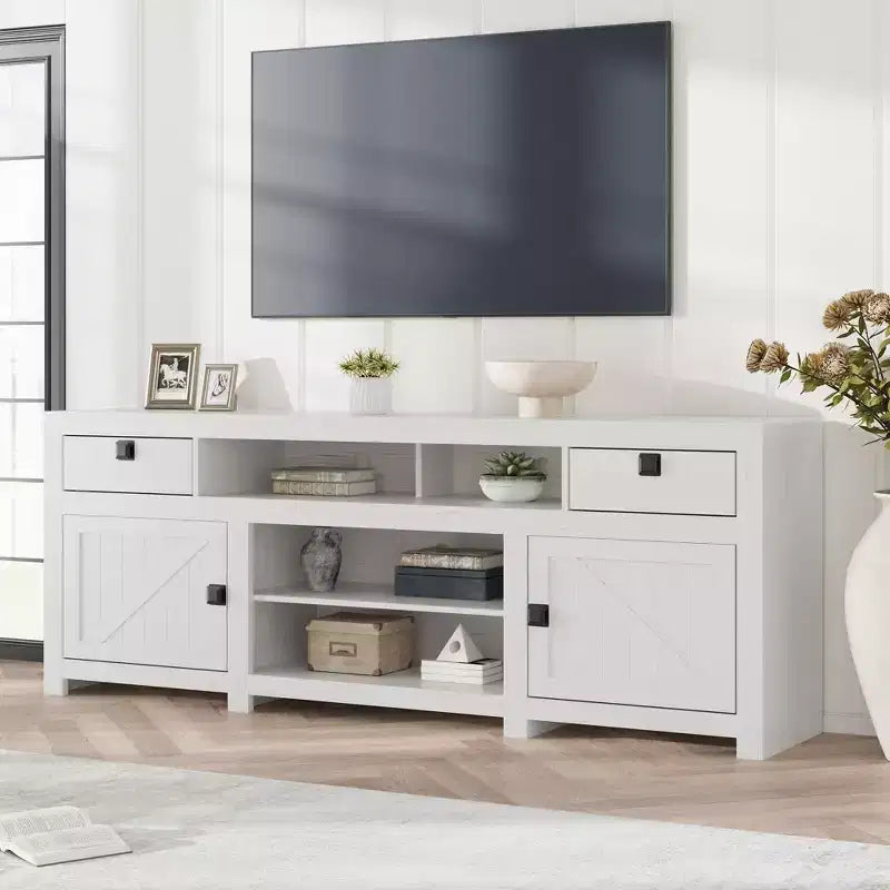 Mobile TV rustico da 178 cm con cassetti e ripiano aperto, grigio/bianco, montaggio per 1-2 persone