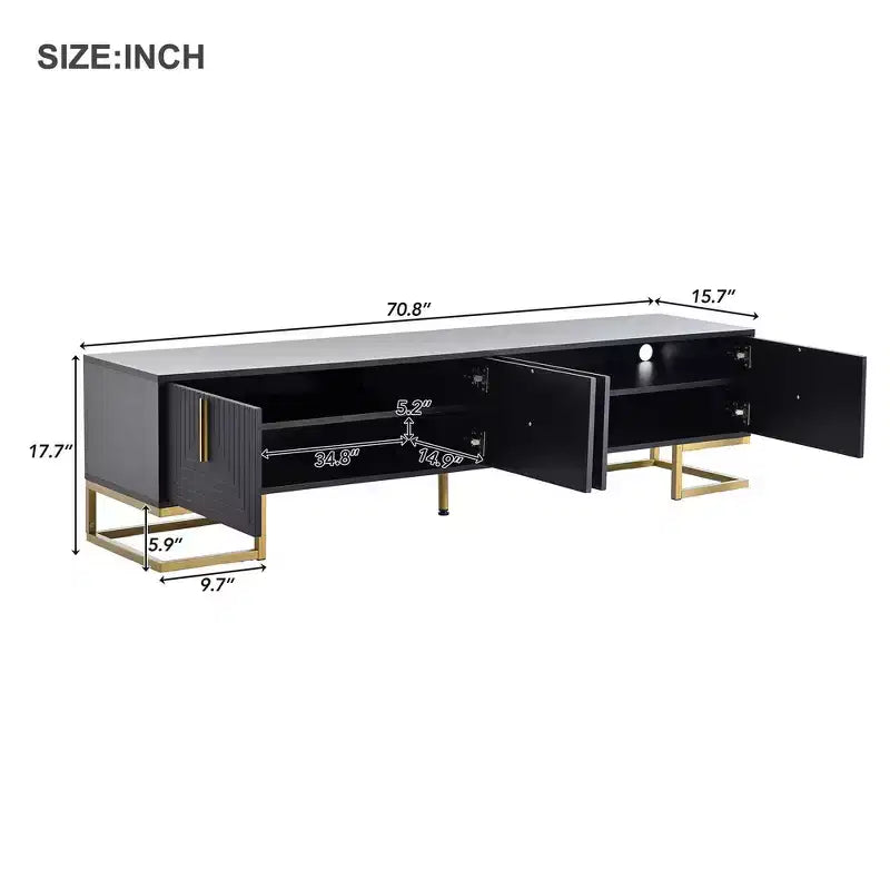 Mobile TV moderno con gambe in metallo e maniglie dorate, nero/bianco, adatto per TV fino a 80"