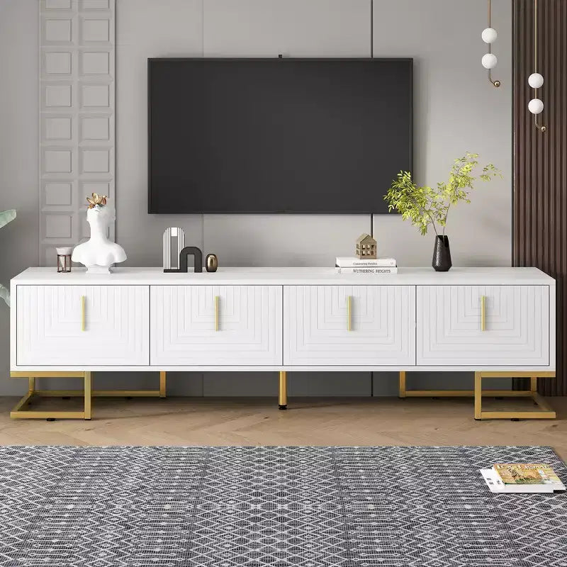 Mobile TV moderno con gambe in metallo e maniglie dorate, nero/bianco, adatto per TV fino a 80"