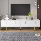 Mobile TV moderno con gambe in metallo e maniglie dorate, nero/bianco, adatto per TV fino a 80"