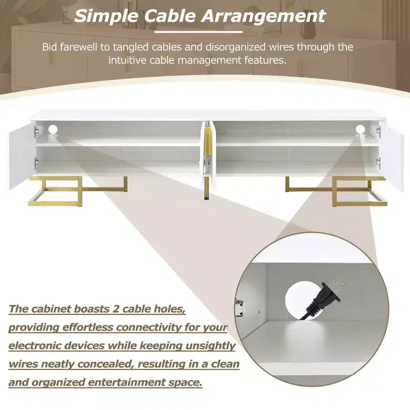 Mobile TV moderno con gambe in metallo e maniglie dorate, nero/bianco, adatto per TV fino a 80"