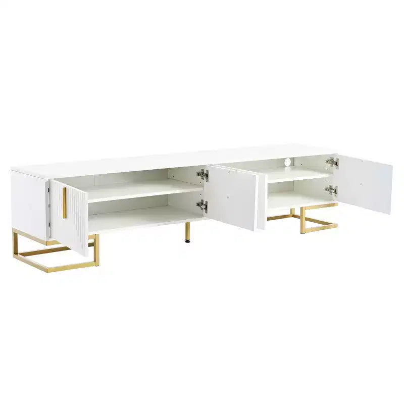 Mobile TV moderno con gambe in metallo e maniglie dorate, nero/bianco, adatto per TV fino a 80"