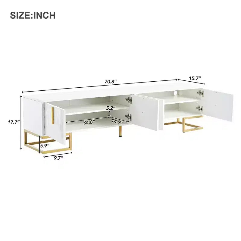 Mobile TV moderno con gambe in metallo e maniglie dorate, nero/bianco, adatto per TV fino a 80"
