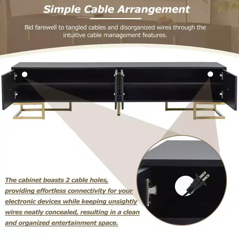 Mobile TV moderno con gambe in metallo e maniglie dorate, nero/bianco, adatto per TV fino a 80"