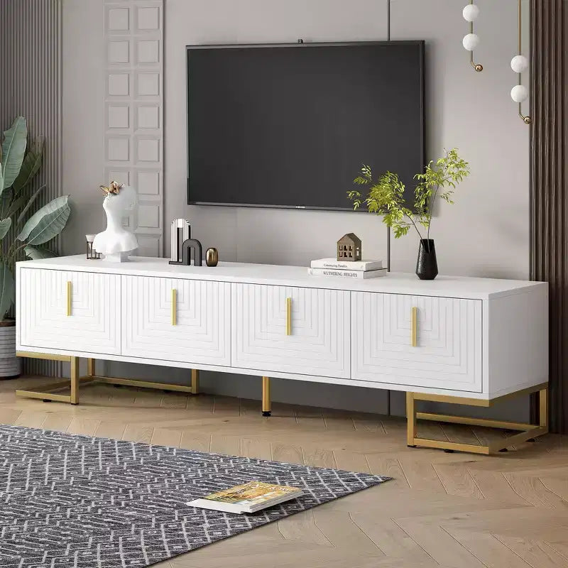 Mobile TV moderno con gambe in metallo e maniglie dorate, nero/bianco, adatto per TV fino a 80"