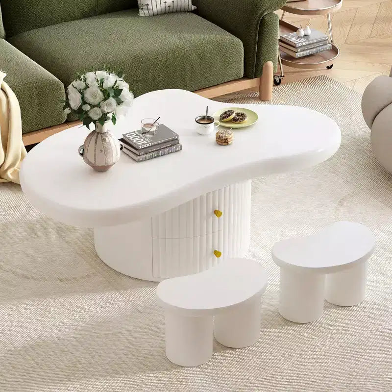 Okak Set of 3 Modern Cloud Coffee Tables, Irregular Shape Center Table with 2 Drawers & 2 Small Stools, Coordinated Living Room Duo