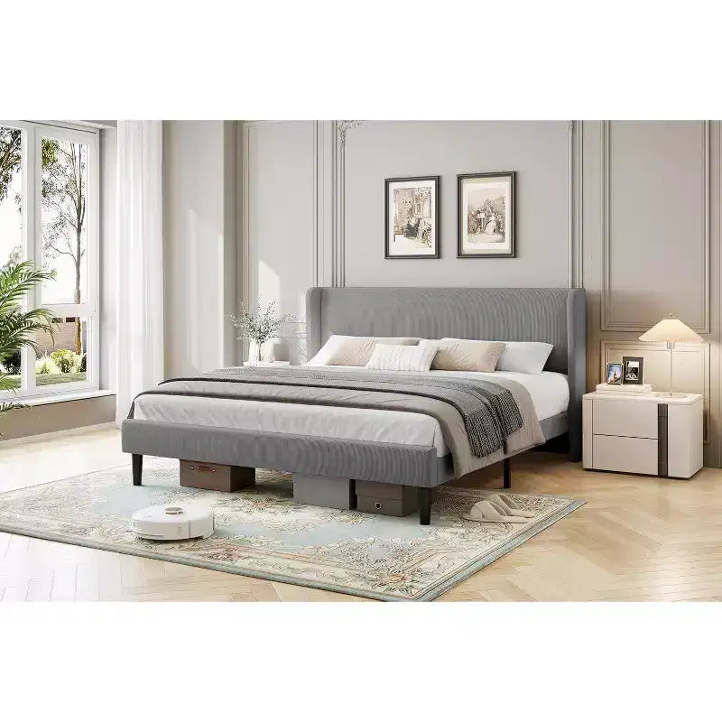 Letto con base imbottita in velluto grigio chiaro con testiera ad ali laterali, Queen/King, per 1-2 utenti