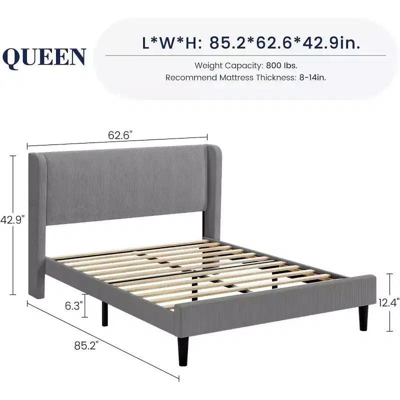 Letto con base imbottita in velluto grigio chiaro con testiera ad ali laterali, Queen/King, per 1-2 utenti