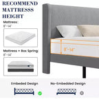 Letto con base imbottita in velluto grigio chiaro con testiera ad ali laterali, Queen/King, per 1-2 utenti