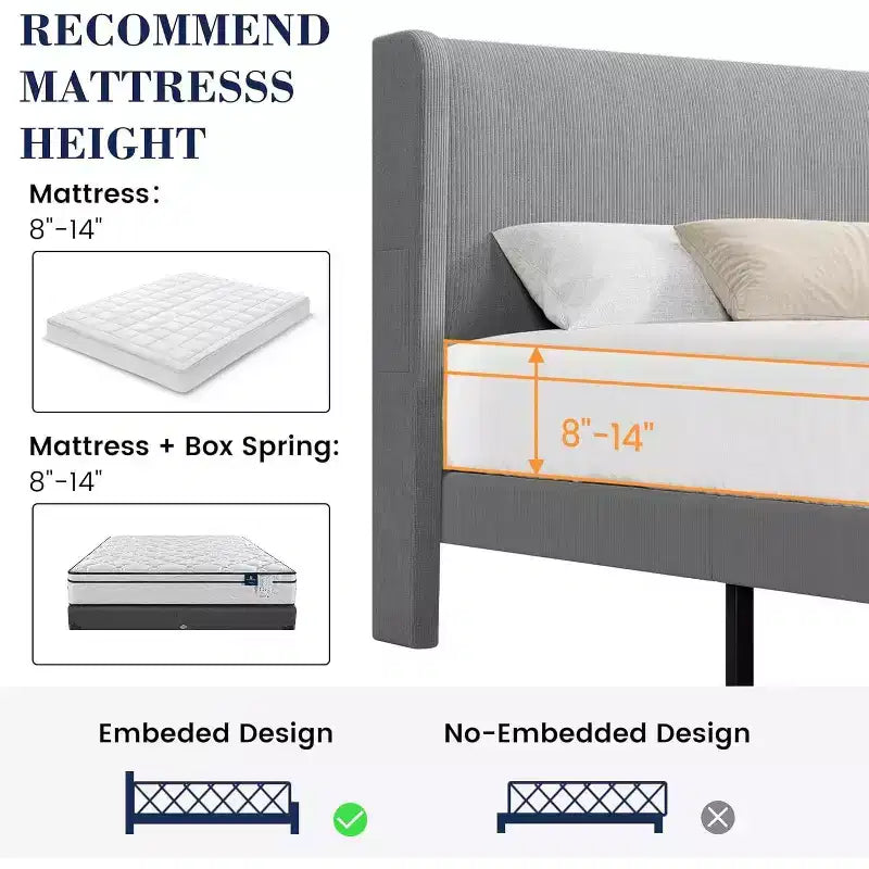 Letto con base imbottita in velluto grigio chiaro con testiera ad ali laterali, Queen/King, per 1-2 utenti