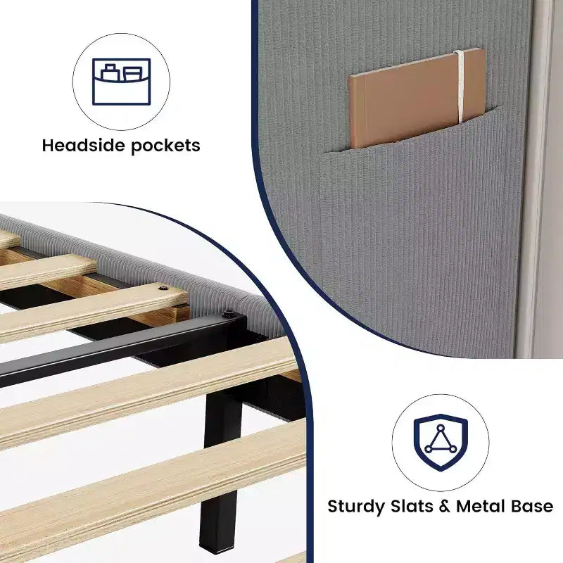 Letto con base imbottita in velluto grigio chiaro con testiera ad ali laterali, Queen/King, per 1-2 utenti