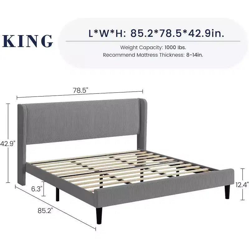 Letto con base imbottita in velluto grigio chiaro con testiera ad ali laterali, Queen/King, per 1-2 utenti