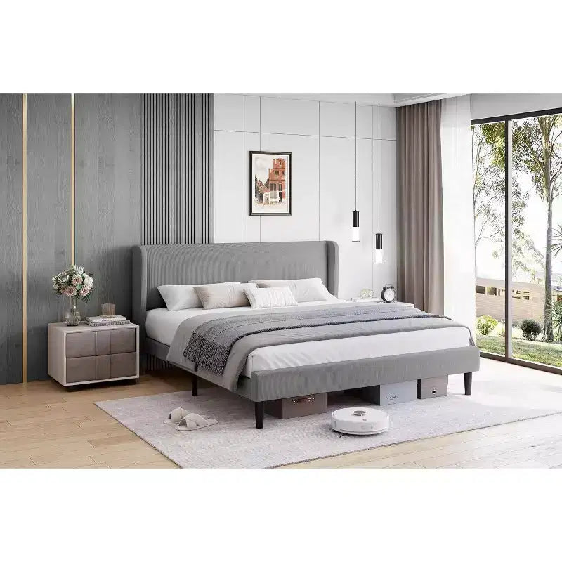 Letto con base imbottita in velluto grigio chiaro con testiera ad ali laterali, Queen/King, per 1-2 utenti