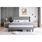 Upholstered King Bed Frame, Velvet Platform Bed with Wingback Headboard, Wood Slats Support, No Box Spring Needed, Light Grey