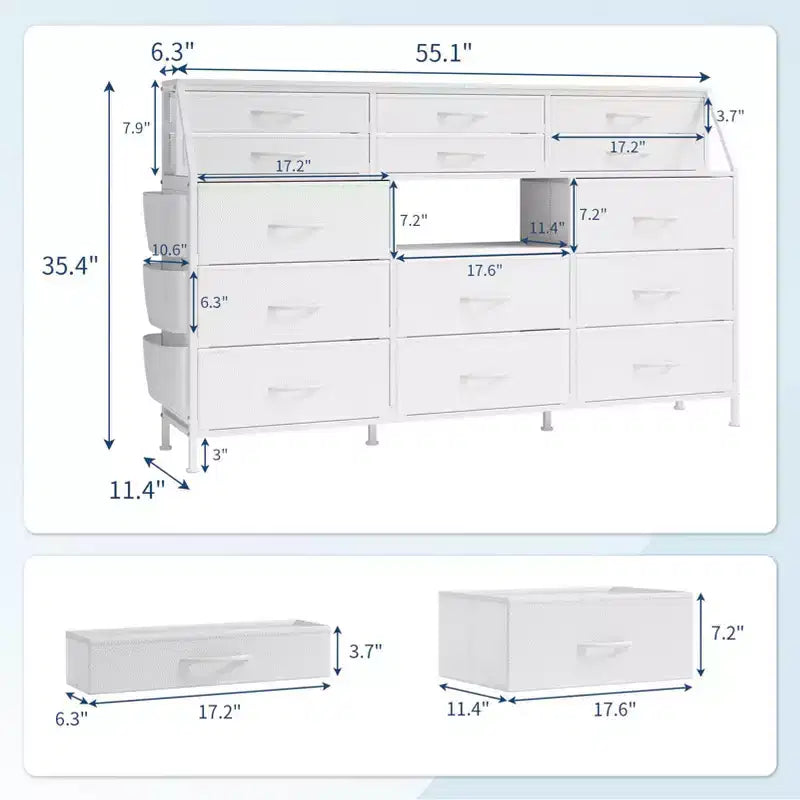 Comodino/Cassettiera in Tessuto Bianco/Nero con Top in Legno, 14 Cassetti, Monoutente