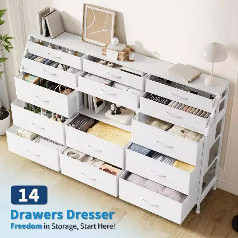 Comodino/Cassettiera in Tessuto Bianco/Nero con Top in Legno, 14 Cassetti, Monoutente