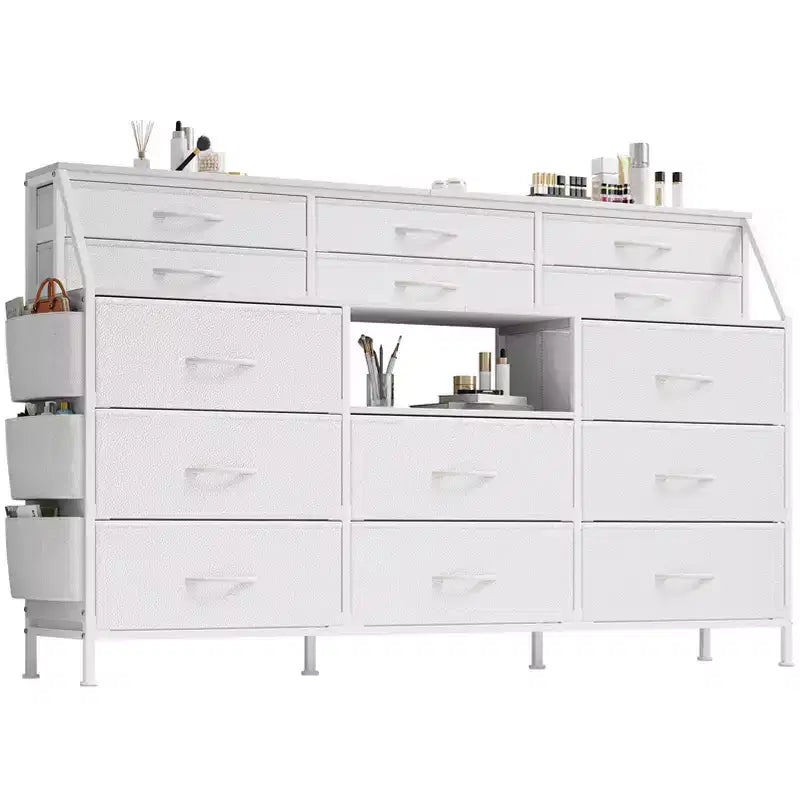 Comodino/Cassettiera in Tessuto Bianco/Nero con Top in Legno, 14 Cassetti, Monoutente