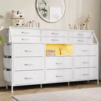 Comodino/Cassettiera in Tessuto Bianco/Nero con Top in Legno, 14 Cassetti, Monoutente
