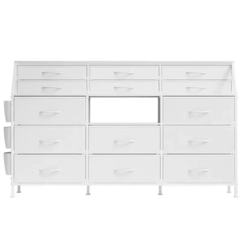 Comodino/Cassettiera in Tessuto Bianco/Nero con Top in Legno, 14 Cassetti, Monoutente