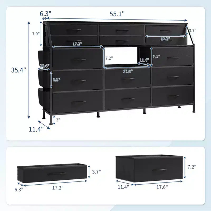 Comodino/Cassettiera in Tessuto Bianco/Nero con Top in Legno, 14 Cassetti, Monoutente
