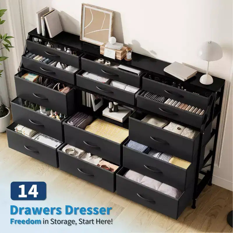 Comodino/Cassettiera in Tessuto Bianco/Nero con Top in Legno, 14 Cassetti, Monoutente