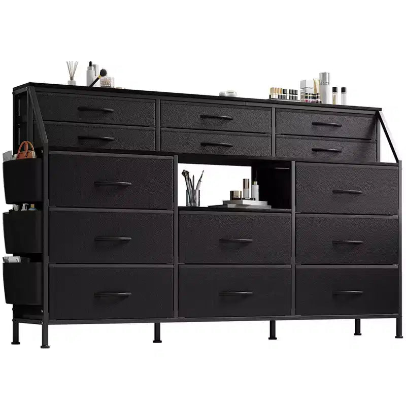 Comodino/Cassettiera in Tessuto Bianco/Nero con Top in Legno, 14 Cassetti, Monoutente